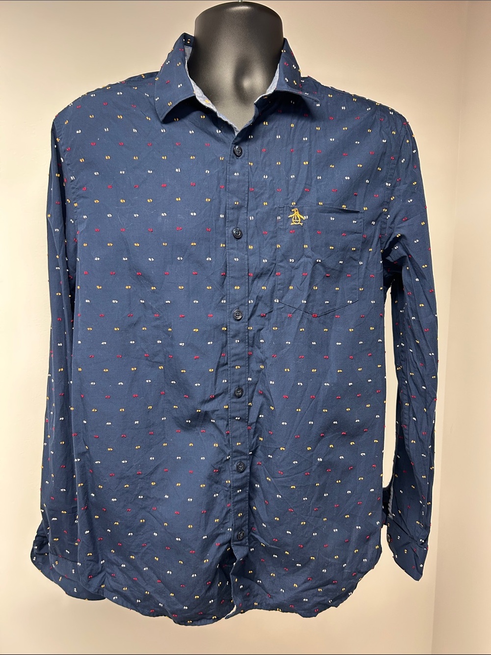 Original Penguin Navy Button-Up Shirt with Multicolor Micro Print
